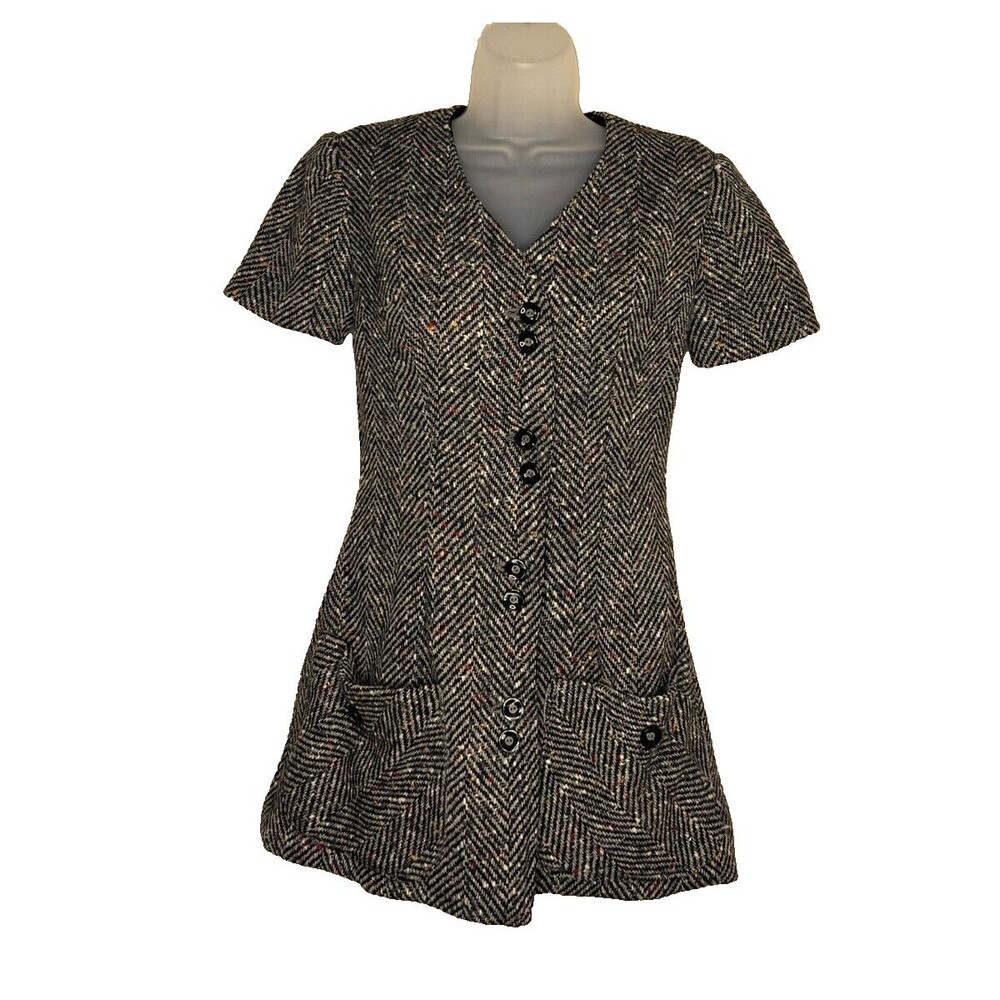 Handmade Womens Wool Jacket Short Sleeve Gray Black White Herringbone V-Neck